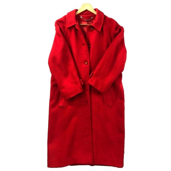 Overcoat Size M Red Wool Blend Long Belt Buttons Classic Fancy USA Vintage - Picture 1 of 12